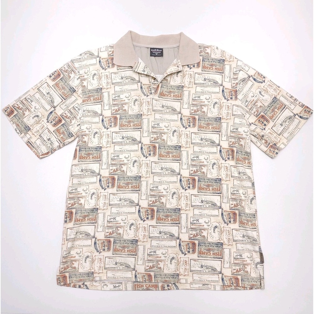 WOOLRICH Shirt Mens Medium Beige‎ Bass Fishing Fish Golf Club Relaxed Angler